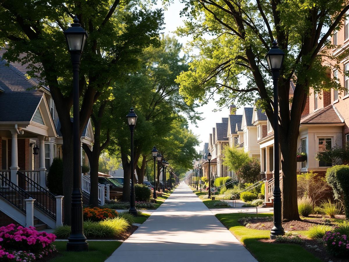 A tree-lined residential neighborhood street